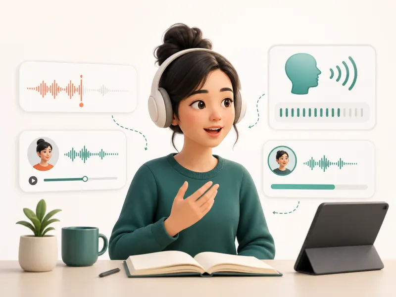 Ilustração da prática de shadowing em inglês